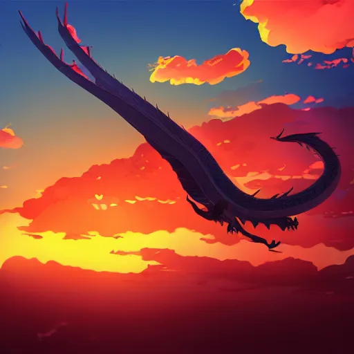 Prompt: Chinese dragon flying through a beautiful sunset sky, lighting, highly detailed, by Makoto Shinkai.