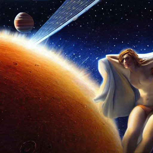 Prompt: giant woman as big as the sun, standing in the solar system, oil on canvas, intricate, 8k highly professionally detailed, HDR, CGsociety