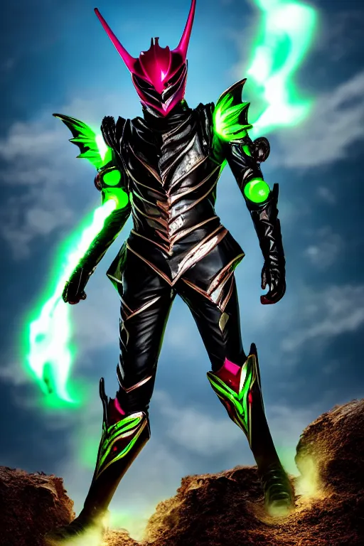 Prompt: High Fantasy Kamen Rider standing in a crater, single character full body, 4k, rock quarry location, vibrant colors, daytime, action scene, glowing eyes, rubber undersuit, fantasy inspired segmented dragon armor, ultra realistic, high quality, cinematic, cinematography