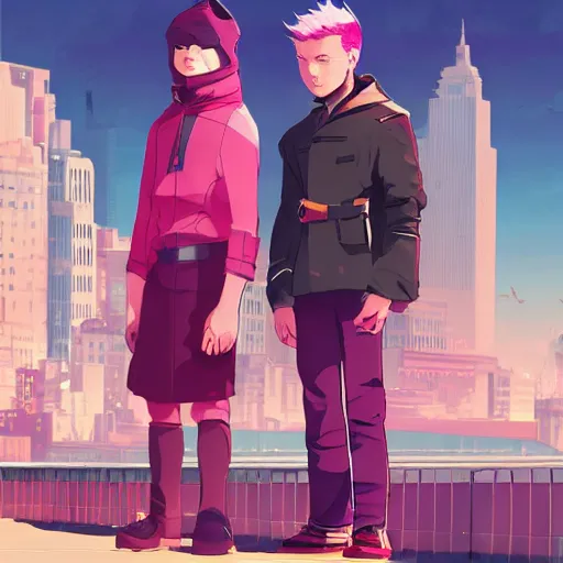 Prompt: damian wayne with pink haired boyfriend, city landscape, Gotham, artstation, highly detailed, by makoto shinkai and thomas kindle and James gilleard