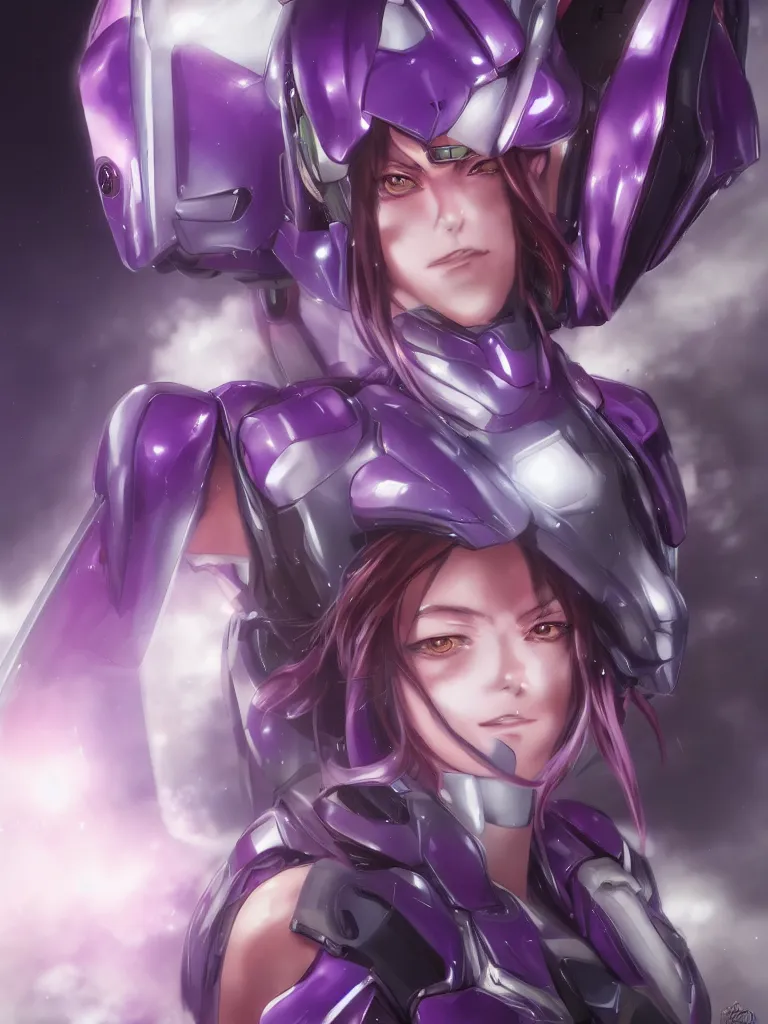 Image similar to A realistic anime portrait of a woman in a Gundam suit with glowing purple, digital painting, by Stanley Artgerm Lau, Sakimichan, WLOP and Rossdraws, digtial painting, trending on ArtStation, SFW version