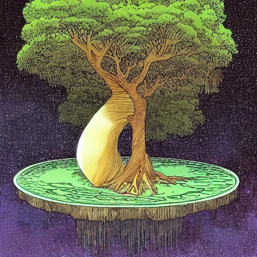 Image similar to a large tree growing from a quartz crystal floating in soace, by moebius