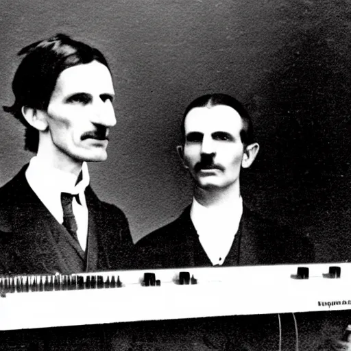 Image similar to Nikola Tesla and Aphex Twin on the moog synthesizer