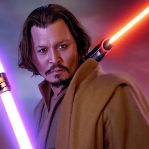 Image similar to Jedi Master (Johnny Depp) wielding a golden lightsaber 8k hdr