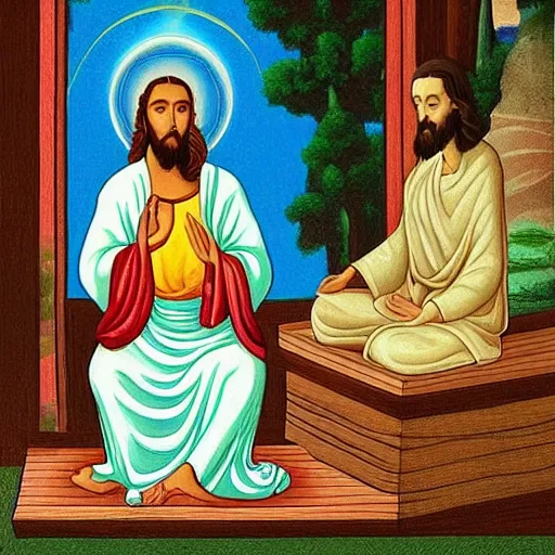 Prompt: “A portrait of Jesus learning meditation from Buddha while smoking a joint”