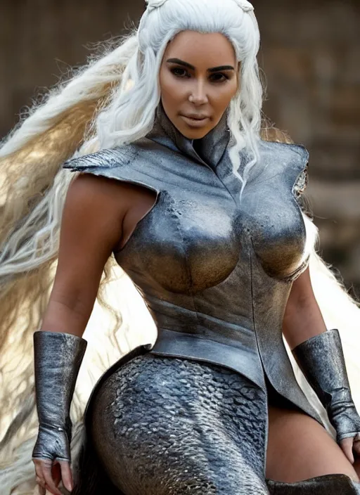 Image similar to full-body photograph of Kim Kardashian as Daenerys Targaryen riding a dragon, XF IQ4, 150MP, 50mm, F1.4, ISO 200, 1/160s, natural light