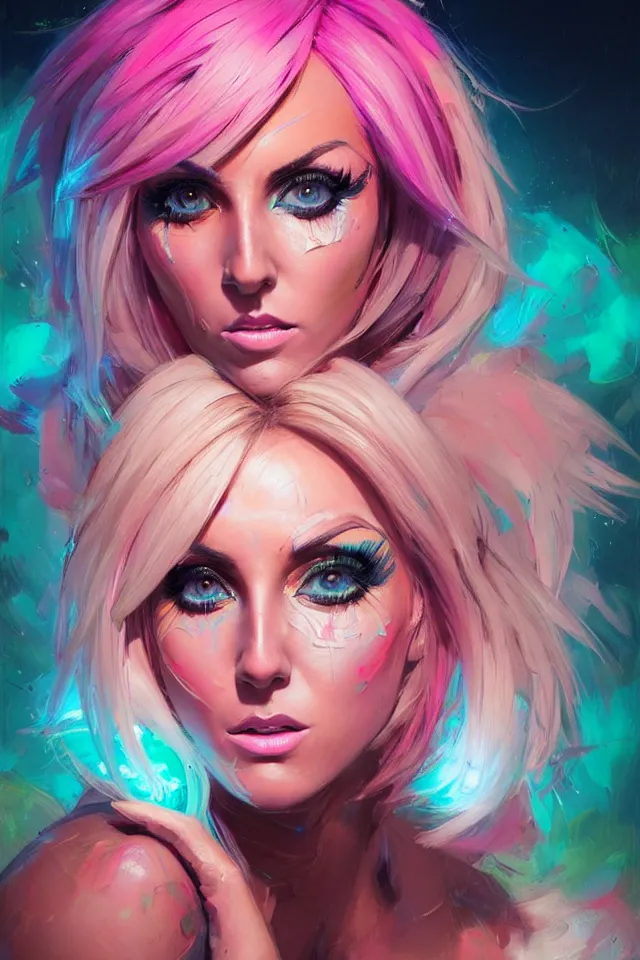 Prompt: highly detailed jessica nigri portrait, neon glow, expressive, impasto, pastel shades, rough canvas textured, dynamic pose, top lighting, fine brush strokes, perfect face, hyper detailed face, one single head, digital painting, artstation, concept art, hyper detailed eyes, art by sam spratt and peter mohrbacher and james jean