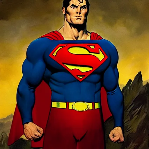 Image similar to an ultra - realistic portrait painting of superman in the style of frank frazetta. 4 k. ultra - realistic. highly detailed. dark fantasy. epic lighting.