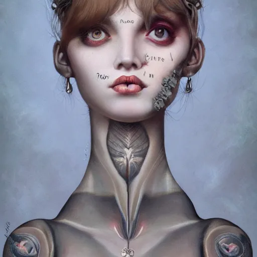 Image similar to a beautiful single lonely dollpunk female posing, detailed, realistic eyes, symmetry body features proportions, award winning, by Tom Bagshaw