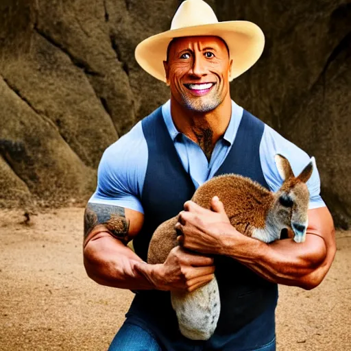 Prompt: dwayne johnson holding a kangaroo, he is wearing a safari outfit and a pith hat, studio photography, 8 k