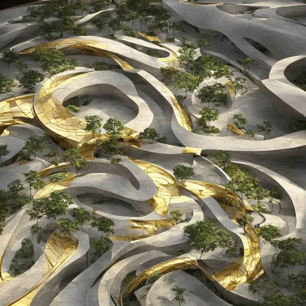 Image similar to “ an incredibly smooth curvilinear architectural complex spatial sculpture, unfolding continuously golden surfaces enclose a visually interesting japanese zen garden designed by zaha hadid, architecture render, vray ”