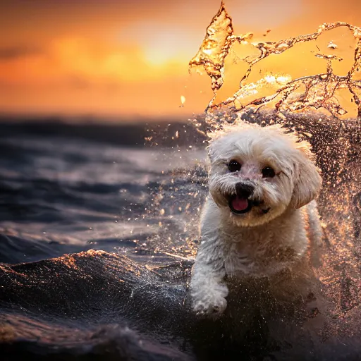 Image similar to a closeup photorealistic photograph of a cute smiling tiger bichon puppy splashing in the surf during sunset. professional capture, well lit shot. this 4 k hd image is trending on artstation, featured on behance, well - rendered, extra crisp, features intricate detail, epic composition and the style of unreal engine.