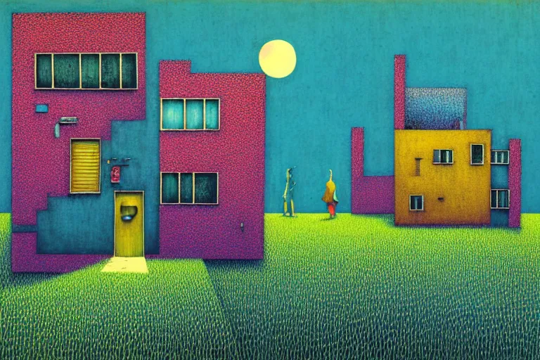 Image similar to surreal glimpse into other universe, house by bauhaus architect, summer morning, very coherent and colorful high contrast, art by!!!! gediminas pranckevicius!!!!, geof darrow, floralpunk screen printing woodblock, dark shadows, hard lighting, stipple brush technique,