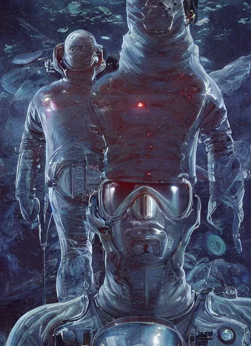 Image similar to astronauts in dark void underwater - complex and hyperdetailed technical suit. reflection and dispersion materials. rays and dispersion of light. volumetric light. f / 3 2. noise film photo. flash photography. ultra realistic, wide angle. poster by wayne barlowe, hajime sorayama aaron horkey, craig mullins