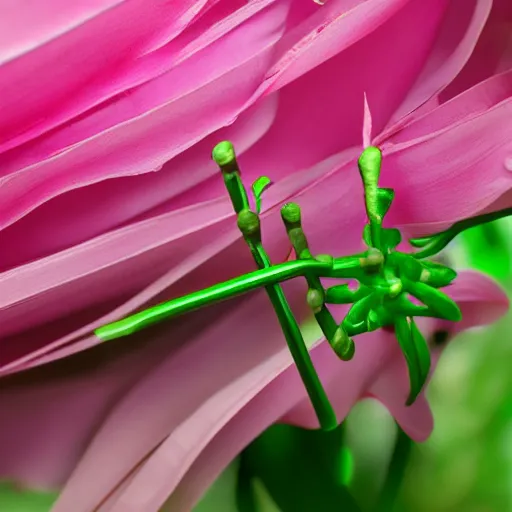 Image similar to studio photograph of a thin green vine creature with vine limbs and a pink blooming flower bulb with many sharp teeth