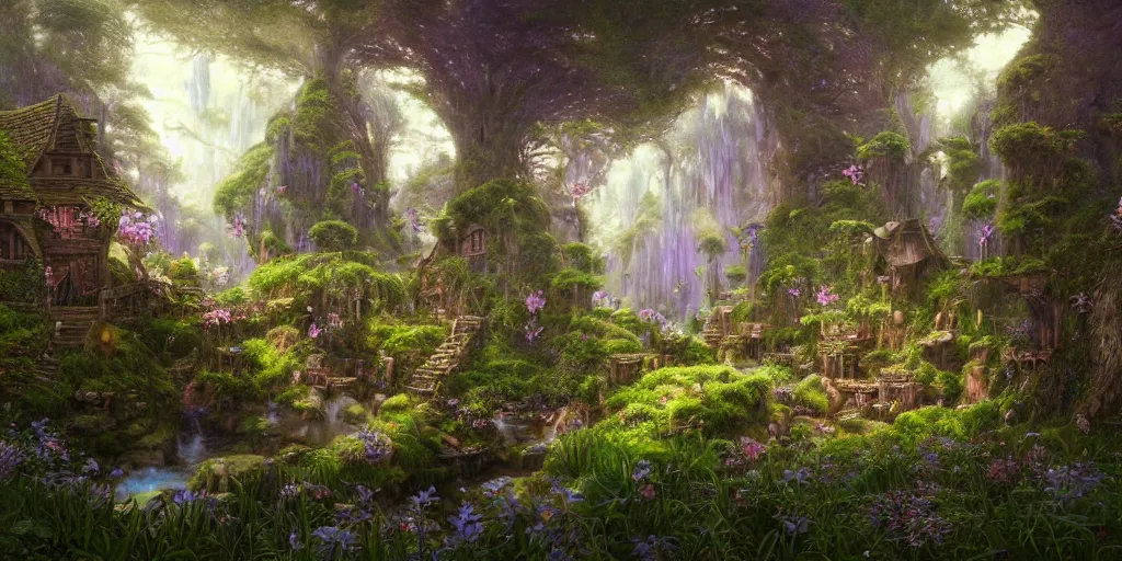 Prompt: a beautiful hyper realistic detailed matte painting of a magical potion and spell shop in a serene magical forest in faeries land in a moss and flowers, fireflies, art by Moebius and John Howe and Albert Bierstadt and Alena aenami, Final Fantasy, unreal engine, trending on artstation, barometric projection, rectilinear, f16