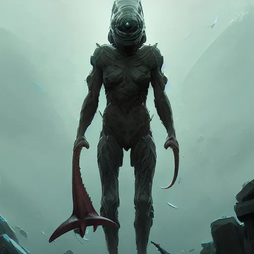 Image similar to professional ominous concept art of a shark - human chimera character by artgerm and greg rutkowski. an intricate, elegant, highly detailed digital painting, concept art, smooth, sharp focus, illustration, in the style of simon stalenhag wayne barlowe, igor kieryluk.