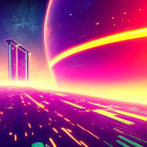 Image similar to synthwave neon city in space, cinematic, highly detailed, photograph, scifi