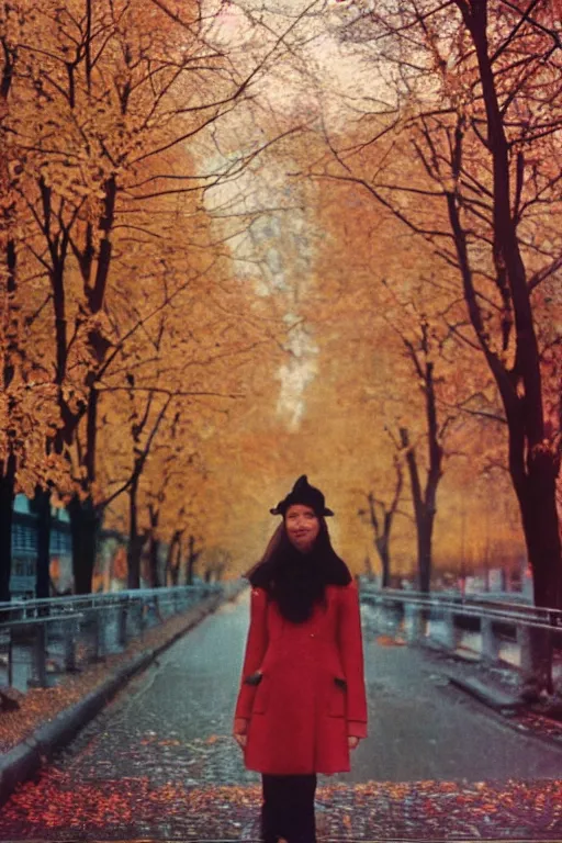 Image similar to a lomographic photo of a girl in moscow, autumn, cinestill, bokeh