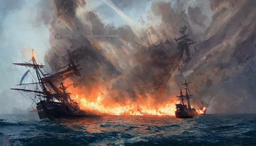 Prompt: navy sailing ship, old sailing warship attacked by fire breathing dragon as the sailing ship pulls into port by greg rutkowski