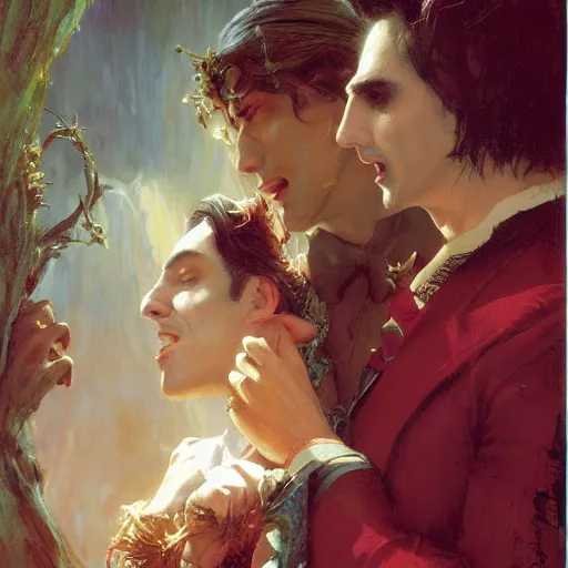 Prompt: attractive male fairy of the forest confesses his love to attractive male dracula the vampire. highly detailed painting by gaston bussiere, craig mullins, j. c. leyendecker 8 k