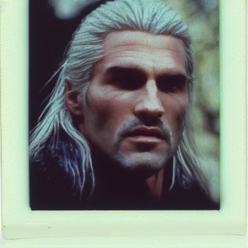 Image similar to polaroid of geralt of rivia face shot by Tarkovsky