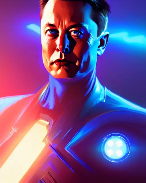 Image similar to blue color elon musk superhero, glam, power, glowing lights intricate, elegant, highly detailed, digital painting, artstation, concept art, smooth, sharp focus, illustration, art by artgerm and greg rutkowski and fra angelico and unreal engine 5