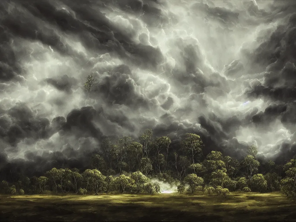 Image similar to detailed landscape, forests. very detailed dark super storm, hyper realistic clouds, impressive, magical, very atmospheric, smoke boiling, cinematic, deep, very high complexity, stunning, masterpiece, chiaroscuro, in the style of david holland and laura den hertog and michael creese, very detailed. 4 k