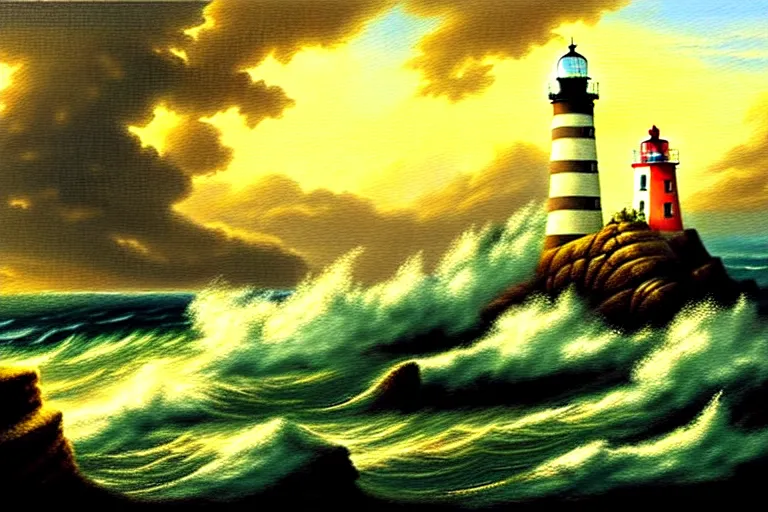 Prompt: a painting of a lighthouse built on seashore rocky cliff with stormy waves crashing into the rocks and sea birds flying in the golden hour, in the style of john martin, digital art