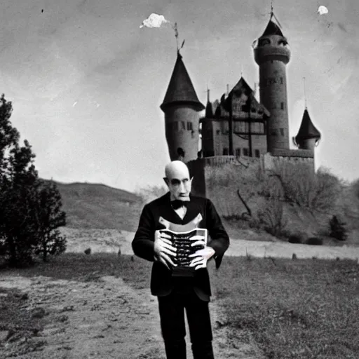 Image similar to vintage photograph of count orlok outside his castle, playing accordion, castle in the background, 4 k