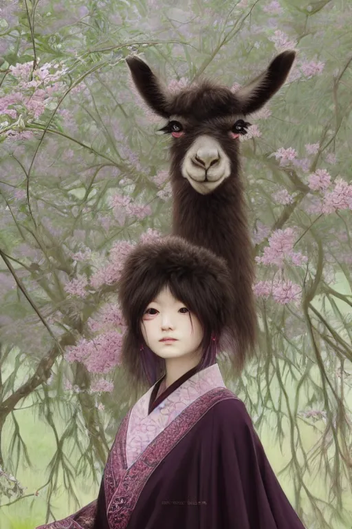 Image similar to Anthro Portrait of japanese llama girl, D&D, dark fantasy, anthro portrait, sakura blooming on background, intricate, elegant, llama anthro portrait, highly detailed, digital painting, artstation, concept art, smooth, sharp focus, maybe some llama, illustration, art by artgerm and greg rutkowski and alphonse mucha, daily deviation, masterpiece, llama llama llama