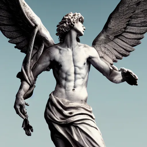 Image similar to a male angel falling from heaven surrounded by angels and demons fighting in the background asymmetrical, cinematic composition, 8k resolution, sculpture marble high contrast, shiny and reflective marble texture, soft lighting in the style of Grzegorz Domaradzki, dof, blur