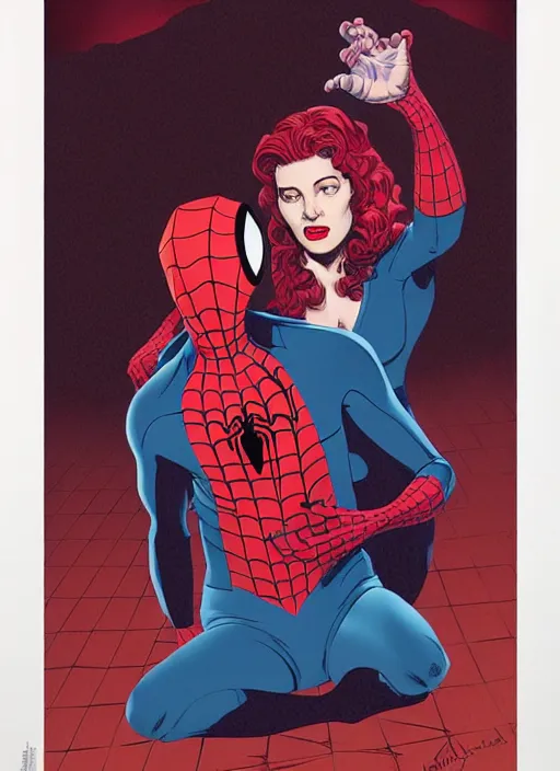 Image similar to poster cover artwork by Michael Whelan and Tomer Hanuka, John Romita Jr of Spiderman and Mary Jane, from scene from Twin Peaks, dramatic lighting, Marvel, clean, simple illustration, nostalgic, domestic, full of details