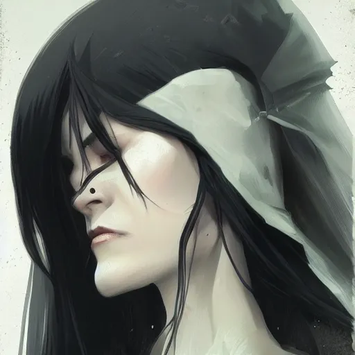 Image similar to female human vampire witch in the style of greg rutkowski, makoto shinkai, trending on artstation, character design, concept art, pretty face, highly detailed, long black hair, portrait, digital art