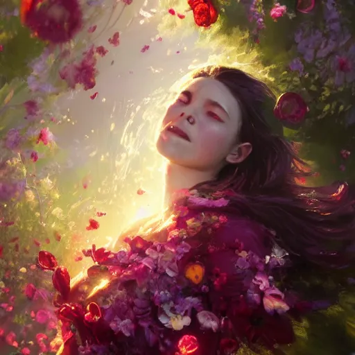 Prompt: faceless scarlet witch in a swirling sundress of flowers, floral explosion, radiant light, vortex of plum petals, oil painting, Tooth Wu, Greg Rutkowski, RPG portrait, dynamic lighting, fantasy art, High contrast, depth of field