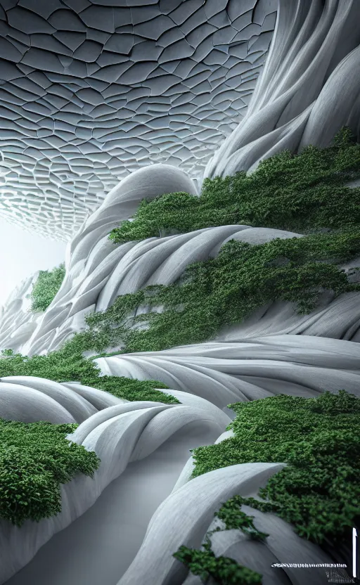 Prompt: highly detailed ultra sharp 3 d render cinematic composition of a smooth ceramic sand porcelain magnolia stone fluid fractal sci - fi surreal architecture landscape, white marble, magnesium, foliage, vincent callebaut composition, mamou - mani, archviz, beautiful lighting, 8 k, unreal engine, hdr, dof