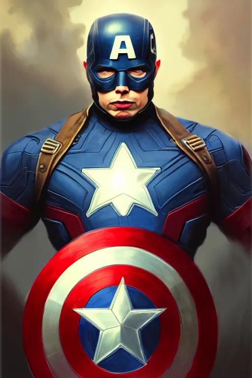 Image similar to elon musk as captain america, portrait, highly detailed, digital painting, artstation, concept art, smooth, sharp focus, illustration, cinematic lighting, art by artgerm and greg rutkowski and alphonse mucha