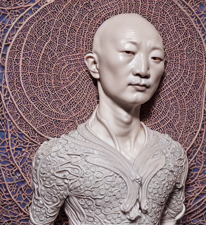 Prompt: Sting , A Close up photo-real delicate ceramic porcelain sculpture of a symmetrical ornate detailed in front of an intricate background by Victo Ngai and takato yamamoto, micro detail, backlit lighting, face in focus, subsurface scattering, translucent, thin porcelain, octane renderer, colorful, physically based rendering, japanese pottery, trending on cgsociety