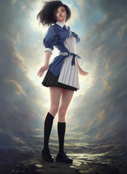 Image similar to a beautiful woman with school uniform, seifuku, pleated miniskirt, overknee socks, adriana lima, painted by artgerm and tom bagshaw, fantasy art, dramatic lighting, highly detailed oil painting, volumetric lighting