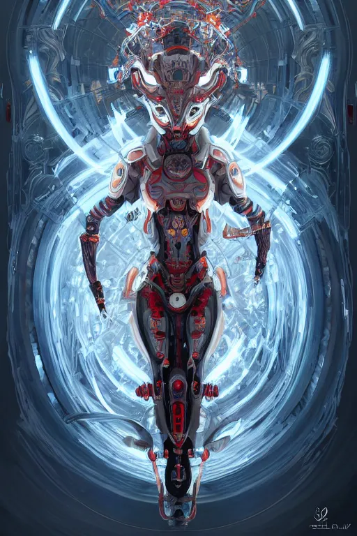 Image similar to asura from chinese myth, ghost, mecha, symmetrical. sci - fi, tech wear, glowing lights, intricate, elegant, highly detailed, digital painting, highly detailed, digital painting, artstation, concept art, smooth, sharp focus, illustration, art by artgerm and greg rutkowski and alphonse mucha