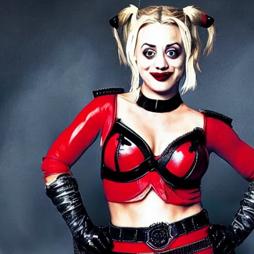 Image similar to A still of Kaley Cuoco as Harley Quinn