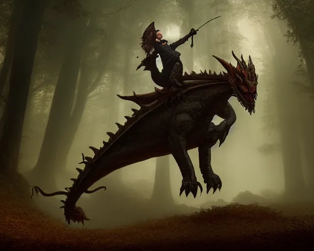 Image similar to 5 5 mm portrait photo of mr bean riding a dragon, in a magical forest. dark atmosphere. art by greg rutkowski. highly detailed 8 k. intricate. lifelike. soft light. nikon d 8 5 0.