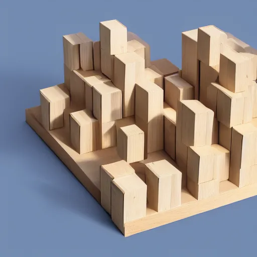 Prompt: an axonometric isometric photo of a stack of identical wooden blocks. the blocks are made of polished white oak. the blocks are stacked to create deep voids, crevices, overhangs. the isometric view is from above. photorealistic, architectural model, study model