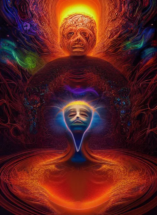 Prompt: portrait ultra dimensional entity, accidentally tripping on dmt and salvia, psychedelic experience, overwhelming psychosis of self realization and burning awakening, ultra high definition, unreal engine 5, hyperrealism, masterpiece composition, by david a. hardy, barclay shaw, peter kemp