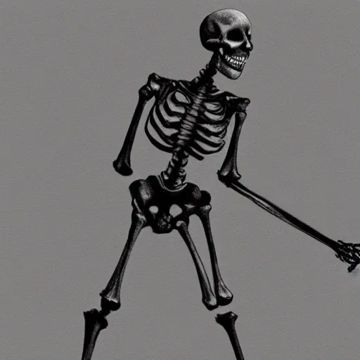 Prompt: pencil sketch of a skeleton with a cane sprinting, concept art