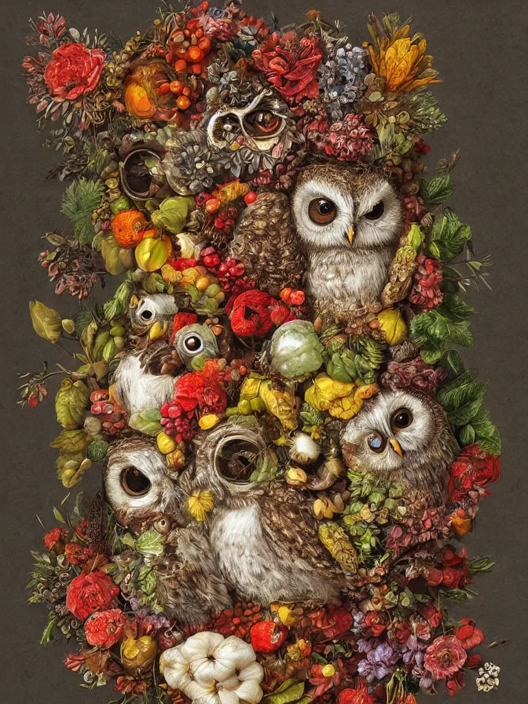 Image similar to Highly detailed cute owl in the style of Guiseppe Arcimboldo, sharp, masterpiece, artstation