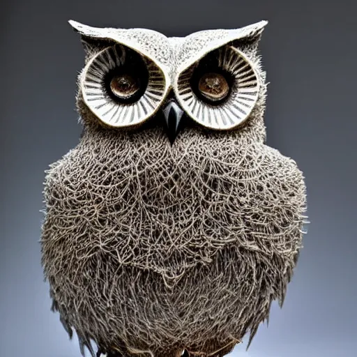 Prompt: symmetrical detailed sculpture of an owl, made of Hair