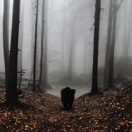 Image similar to a short furry monster with black fur walks out of a misty forest, silhouette, 3 5 mm