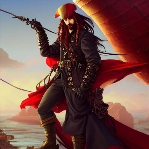 Image similar to male airship pirate, D&D, handsome, side profile, fantasy, intricate, long hair, leather coat, airship, steampunk, red hair, elegant, highly detailed, digital painting, artstation, concept art, smooth, sharp focus, illustration, art by artgerm and greg rutkowski and alphonse mucha