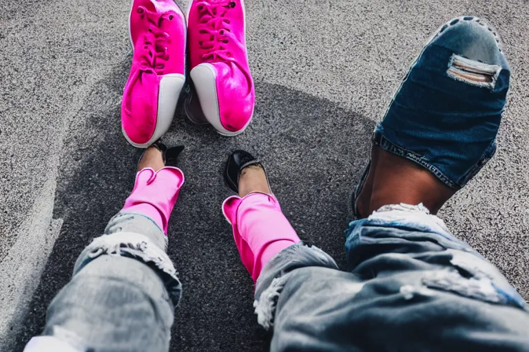 Image similar to First person view of someone laying in an ambulance with ripped jeans and pink shoes